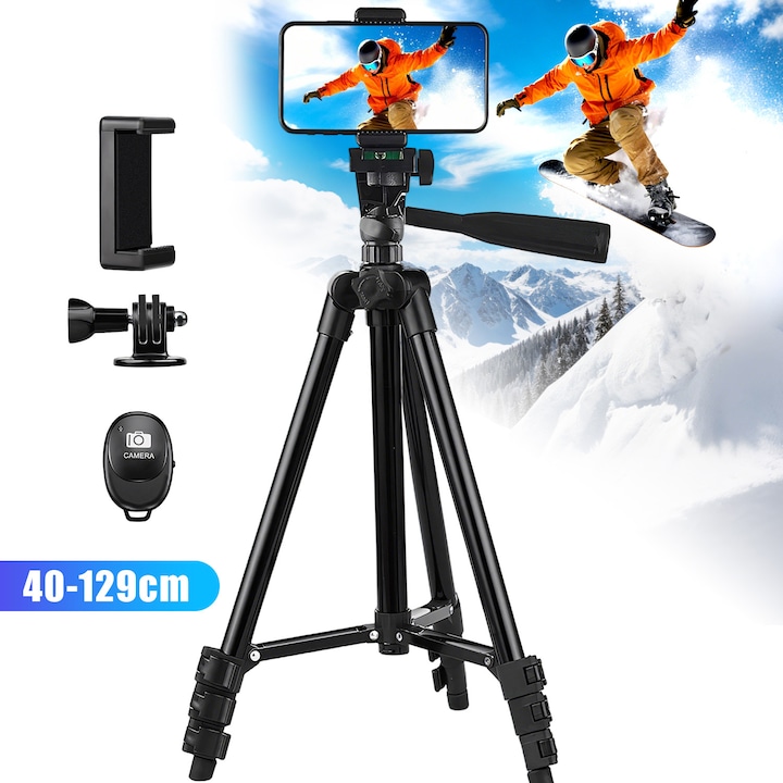 Trepied Foto Telescopic, YeeLei®, 40-129cm, Telecomanda Bluetooth, cu Geanta de Calatorie, Suport pentru Telecomanda si Suport pentru Telefon, pentru Telefon/Camera Foto/Gopro, Universal, Negru