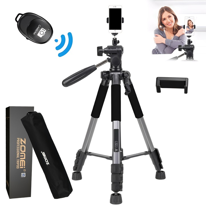 Статив за снимки Телескопичен, YeeLei®, за телефон/камера/GoPro, 50-145 см, Bluetooth дистанционно управление, с чанта за пътуване, държач за телефон, въртене на 360 градуса, алуминий, сребристър сребрист
