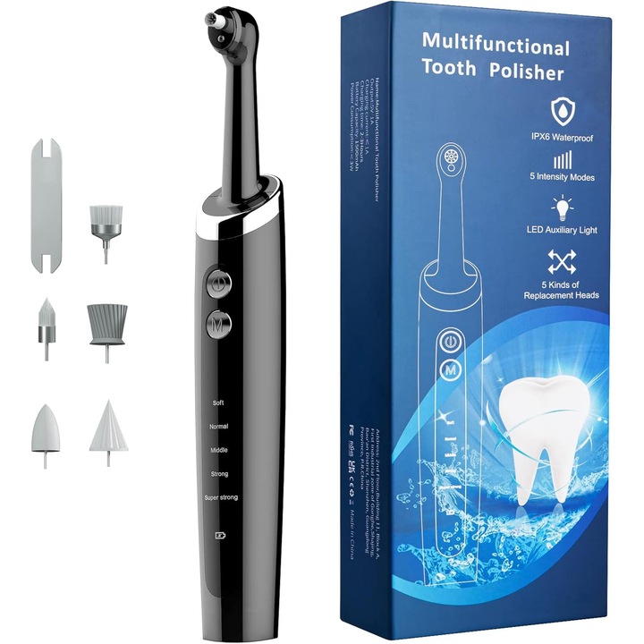 Fogfehérítő készülék, 5 cserélhető fej, 5 sebességes üzemmód, IPX6 vízálló, USB-C, fekete