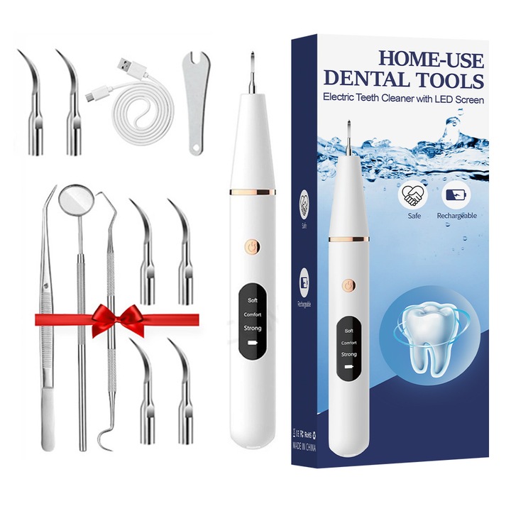 Dispozitiv de albire a dintilor, set cu 6 capete interschimbabile, 5 moduri de viteza, LED, portabil, alb