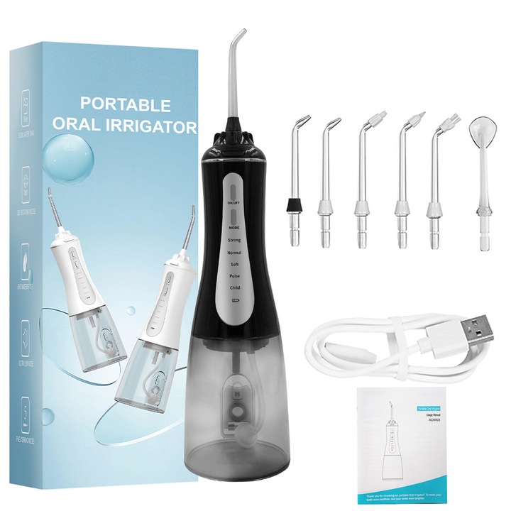 Irigator bucal profesional portabil, 5 programe de lucru, capacitate 350ml, impermeabil IPX7, negru