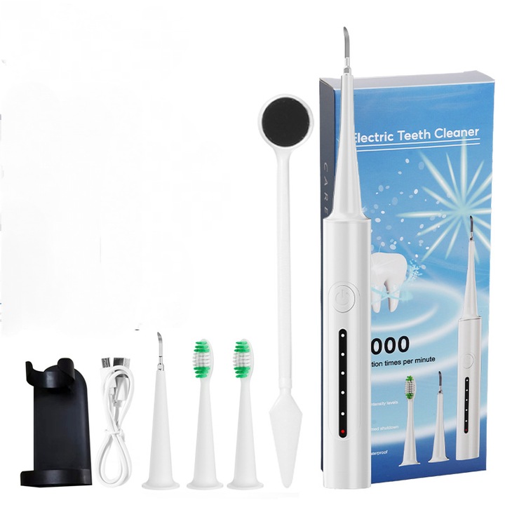 Fogfehérítő eszköz, 5 cserélhető fejjel ellátott készlet, 5 sebességfokozat, LED, hordozható, fehér