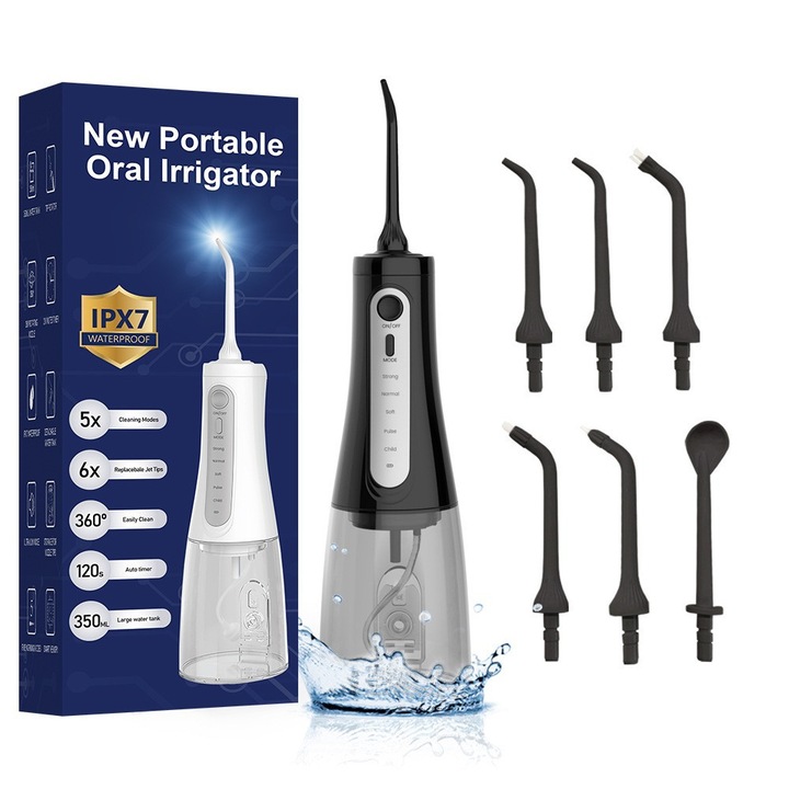 Irigator bucal profesional portabil, 5 programe de lucru, capacitate 350mL, impermeabil IPX7, negru