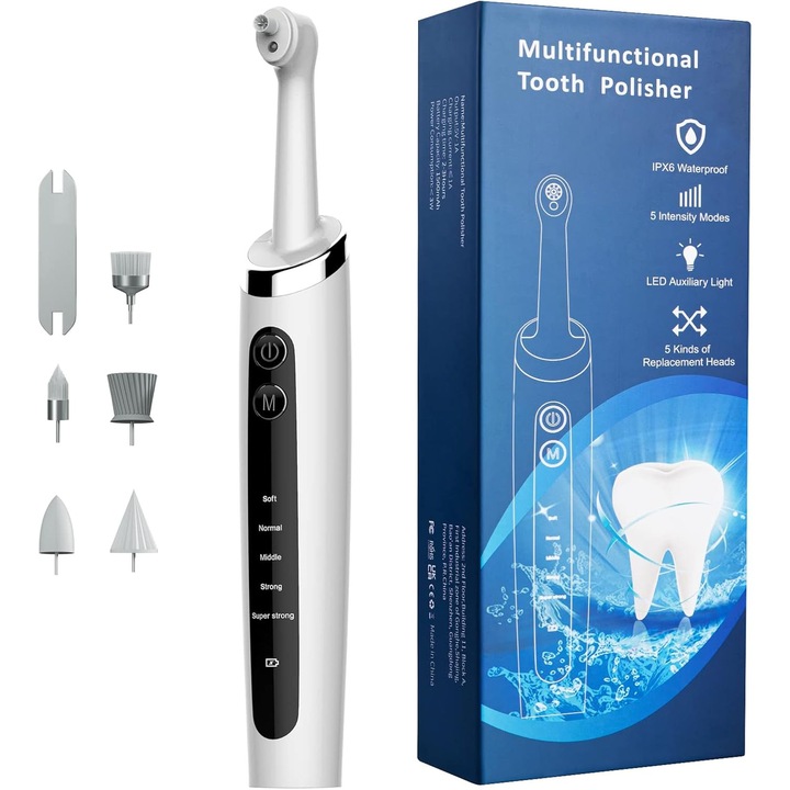 Elektromos fogfehérítő és -polírozó készülék, 5 cserélhető fej, 5 sebességes üzemmód, IPX6 vízállóság, USB-C töltés, fehér
