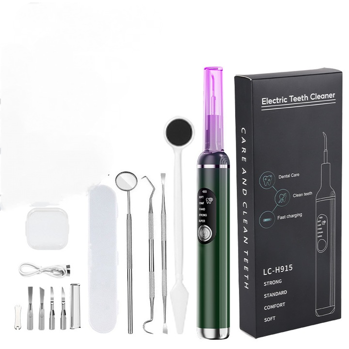 Fogfehérítő és polírozó készülék, 5 cserélhető fejjel, 5 sebességes üzemmóddal, LED-del, zöld