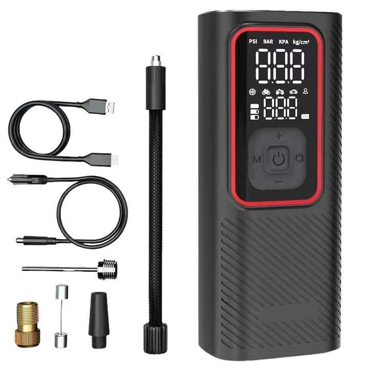 Elektromos kerékfelfújó, LCD digitális kijelző, 6000mAh, 150psi, USB vagy szivargyújtó tápellátás, fekete