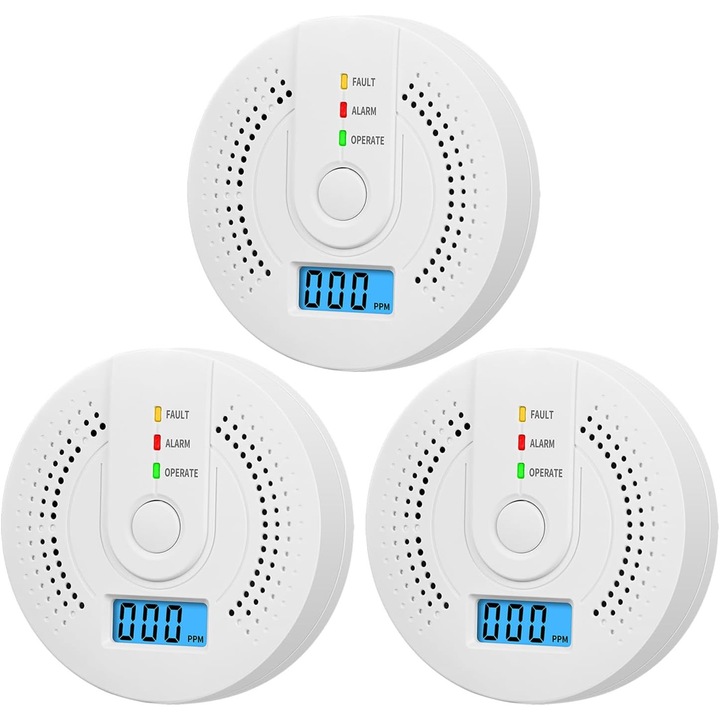 Detector de monoxid de carbon, fum 3PCS, senzor dual, wireless, display LCD, alb