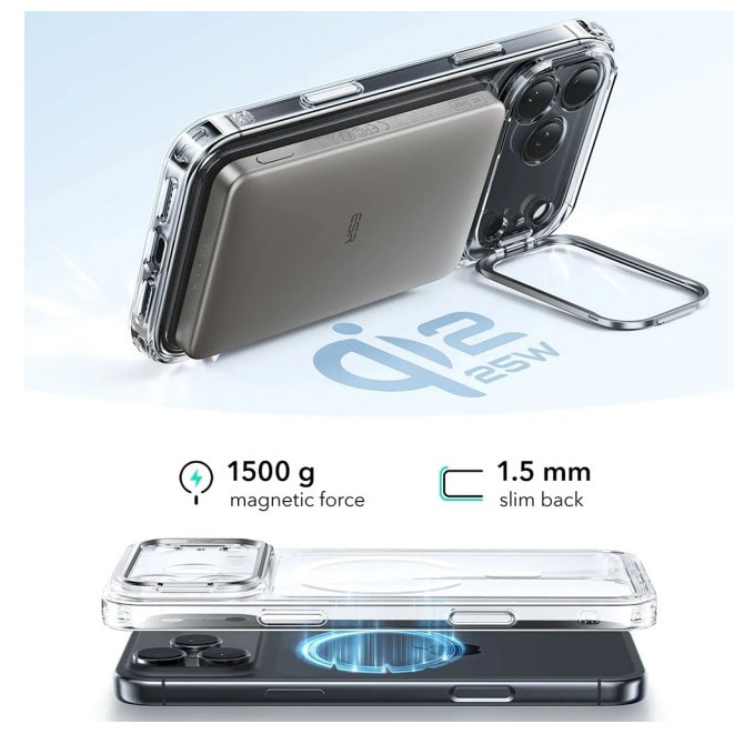 Husa ESR KickStand Pentru iPhone 17 Pro Max, Functie MagSafe, Protectie La Camera, Colturi Intarite, Stand Metalic, Clear