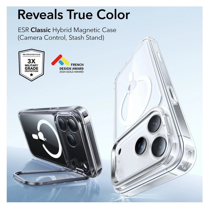 Husa ESR KickStand Pentru iPhone 17 Pro Max, Functie MagSafe, Protectie La Camera, Colturi Intarite, Stand Metalic, Clear