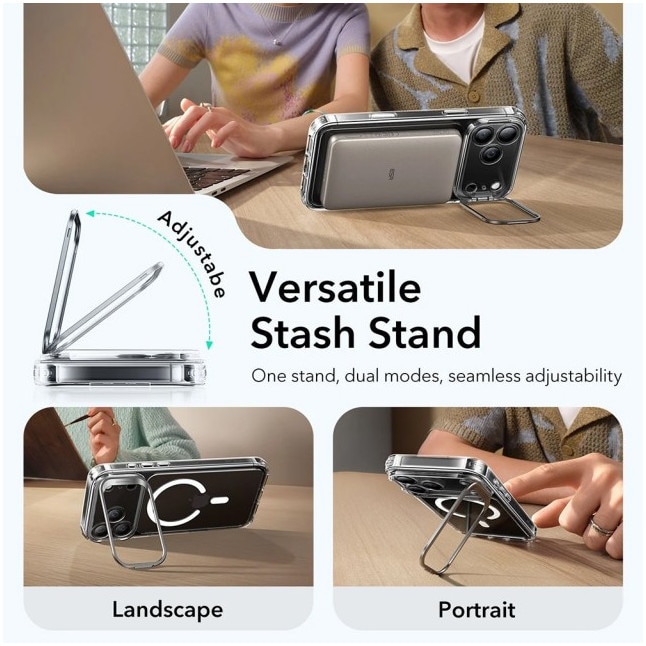 Husa ESR KickStand Pentru iPhone 17 Pro Max, Functie MagSafe, Protectie La Camera, Colturi Intarite, Stand Metalic, Clear