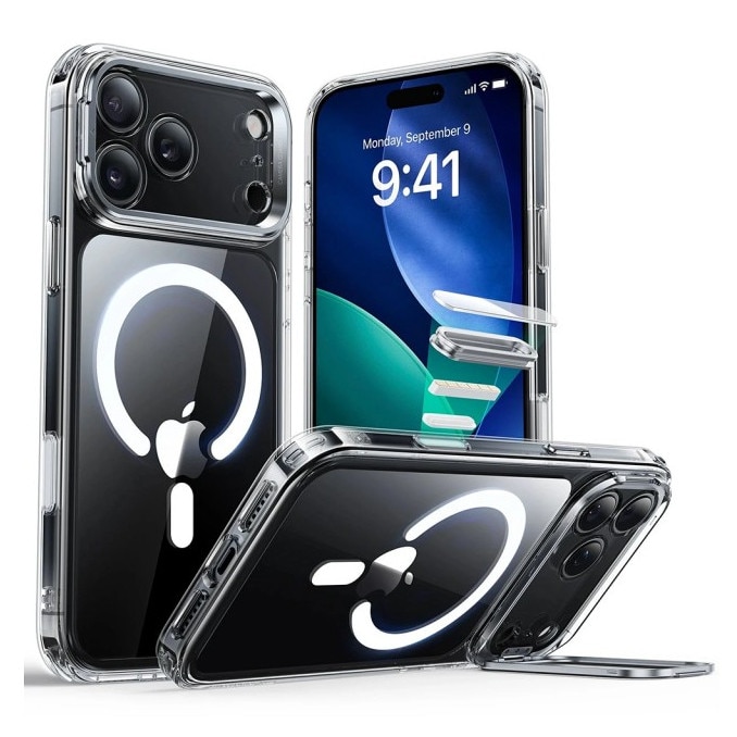 Husa ESR KickStand Pentru iPhone 17 Pro Max, Functie MagSafe, Protectie La Camera, Colturi Intarite, Stand Metalic, Clear