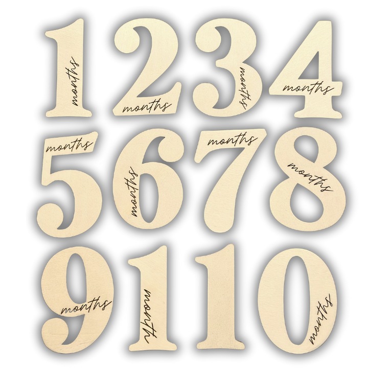 Set 12 Cifre Milestone din lemn, 1–12 Luni, decor Fotografie Bebelusi, accesorii nou-nascuti