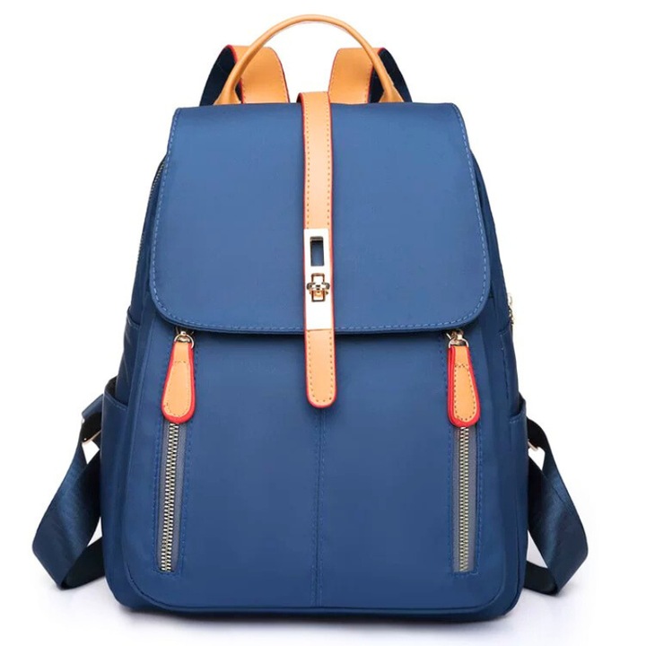 Елегантна двуцветна раница, AZeira материал Оксфорд, двойно метално закопчаване, златни метални аксесоари, множество джобове, многофункционална, ежедневен-елегантен стил, 32x26x12 см, син/оранжев