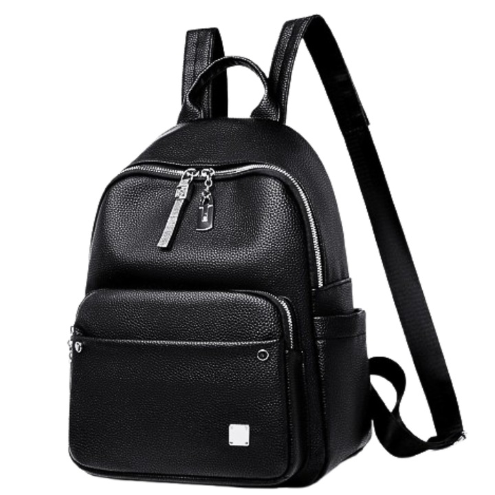 Дамска раница AZeira® от изкуствена кожа, бял плат с камъчета, ципове, допълнени с верижка, сребърни аксесоари и ципове, регулируеми презрамки с текстилно подсилване, модел MLock2B, 37x29x17 см, черна