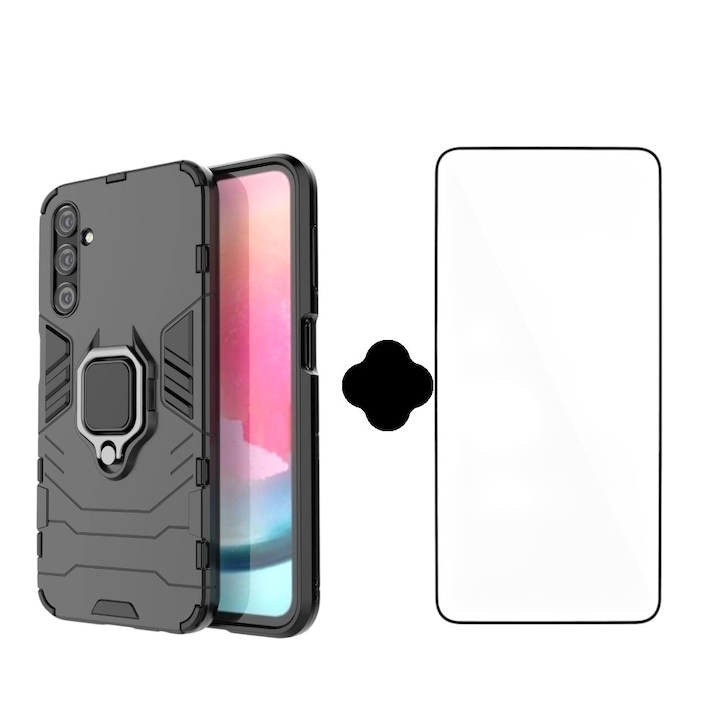 Комплект калъф/протектор за екран с магнитен държач Armor Ring и защитно стъкло за екран, съвместими с Samsung Galaxy A14, метален пръстен, 360° пълна защита, здрава конструкция, черен