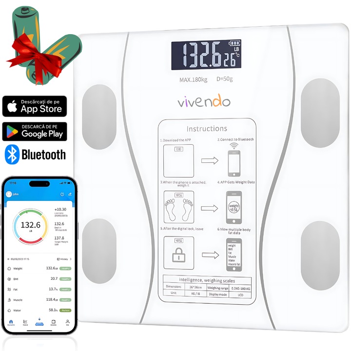 Телесна везна с осветен дигитален екран, смарт приложение, съвместима с Android/Ios, Bluetooth връзка, термометър, макс. 180 кг, бяла