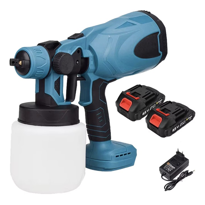 Pistol de vopsit JRH fara cablu cu 2 acmulatori, 800 ml, duza din cupru, presiune ajustabila, 3 moduri pulverizare, albastru