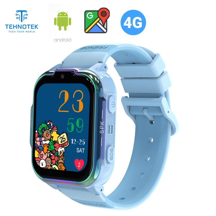 TehnoTek 4G детски смарт часовник, GPS, HD видео разговори, камера, IP67, SOS бутон, шпионско наблюдение, син