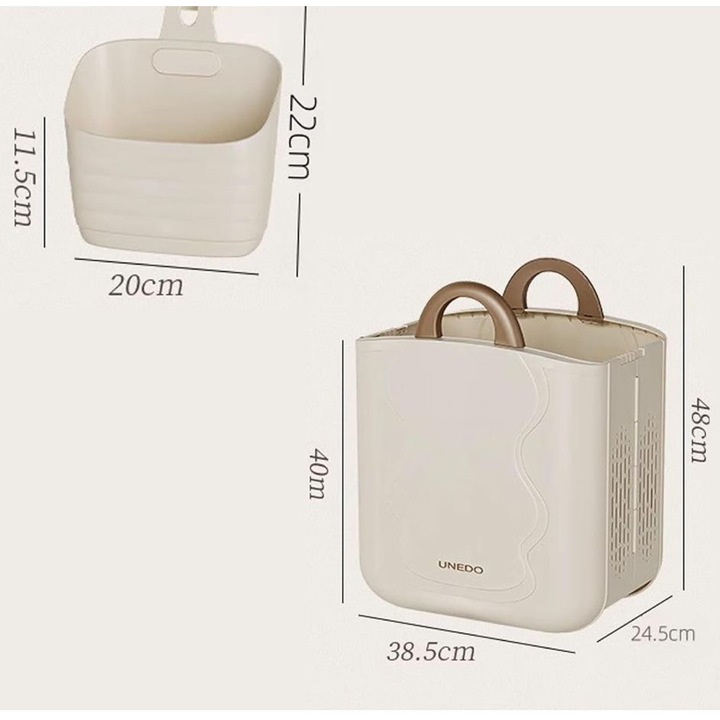 Cos pliabil pentru rufe montabil pe perete, compartiment suplimentar, crem, 30x45cm