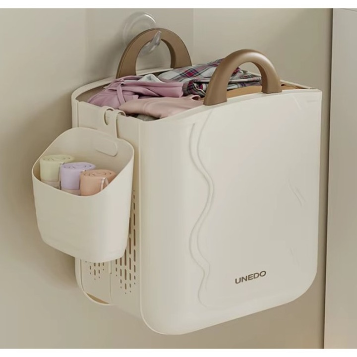 Cos pliabil pentru rufe montabil pe perete, compartiment suplimentar alb, design modern, economisitor de spațiu