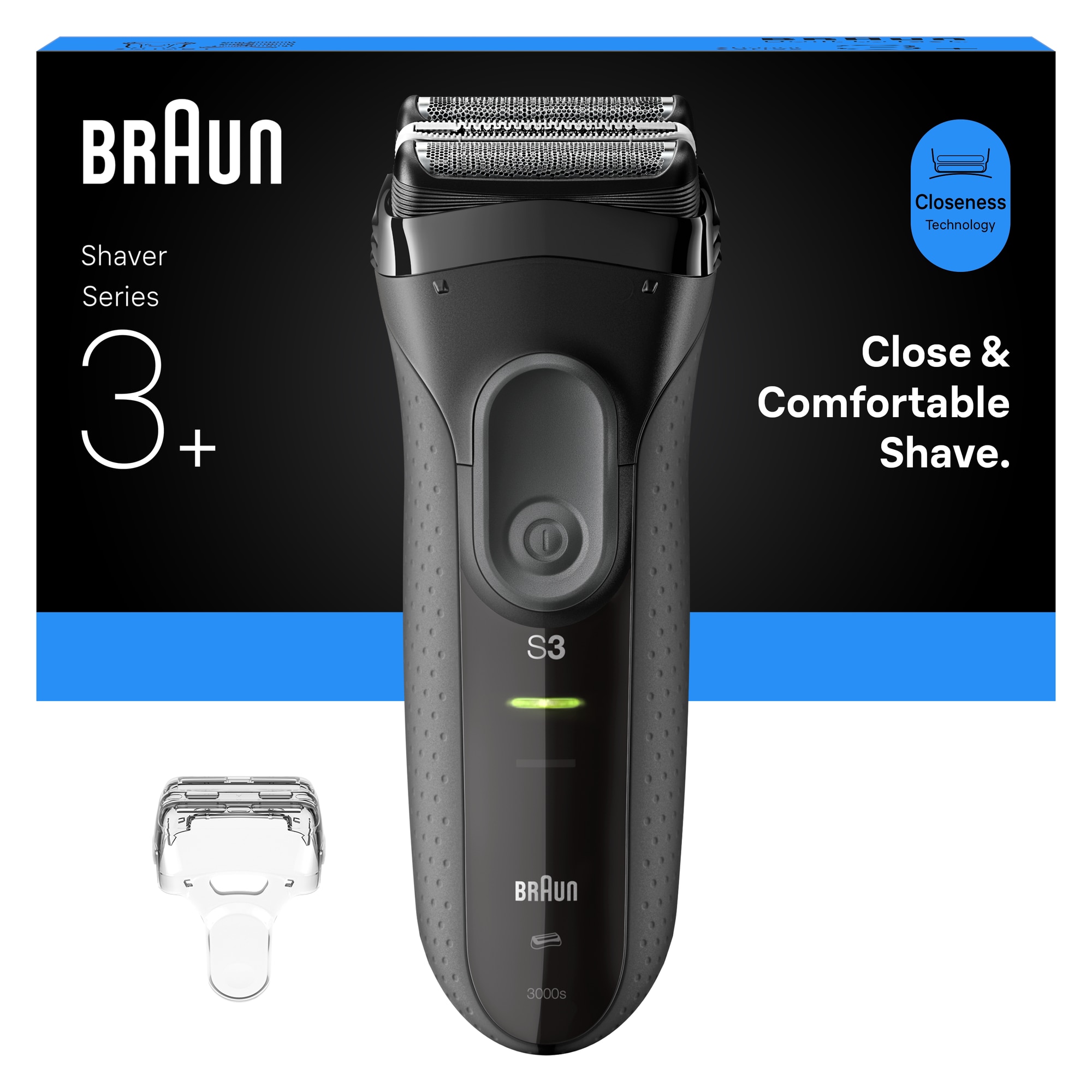 Aparat electric de ras Braun Seria 3+3000S, 3 Lame Flexibile, Microcomb pentru eficienta, Utilizare umeda/uscata, Fabricat in Germania, Gri