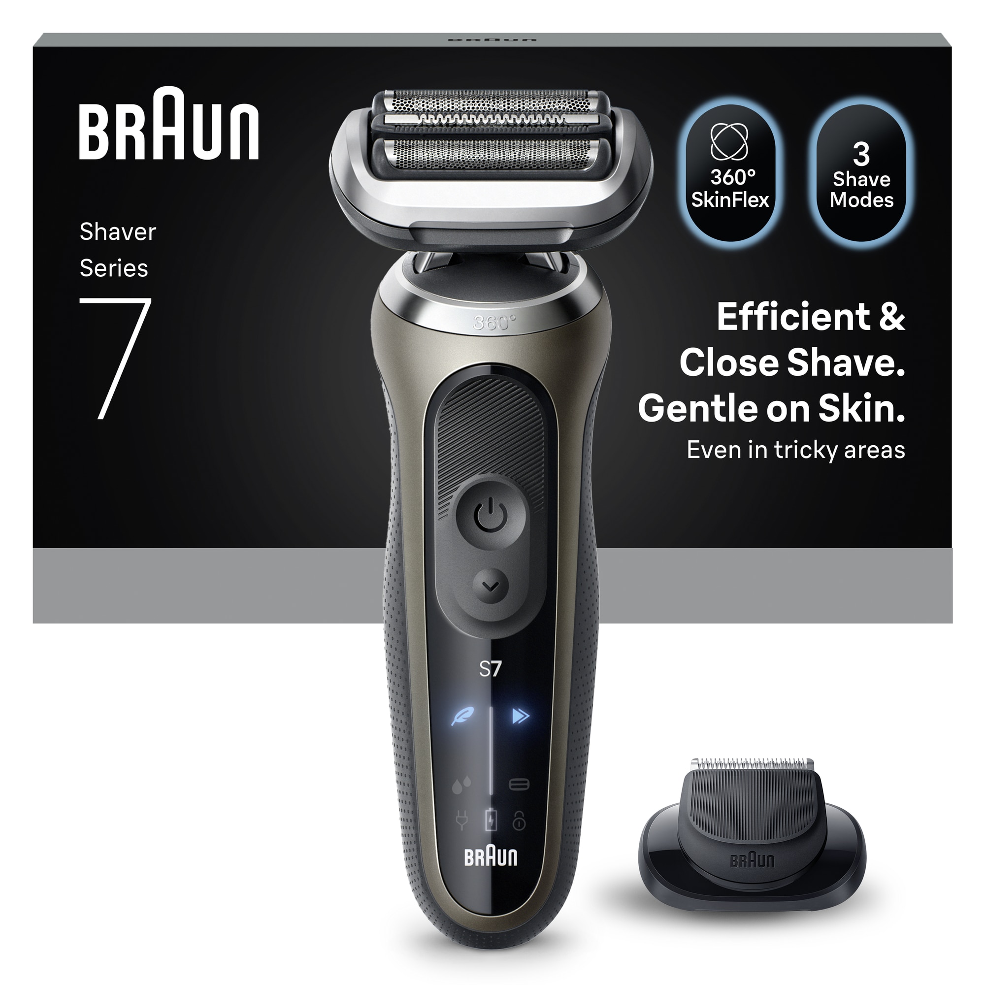 Aparat electric de ras Braun Seria 7 72-C1200S, Autonomie pana la 60 de minute, Accesoriu pentru tuns eficient, Fara fir, Utilizare umeda/uscata, 100% Rezistent la apa, Auriu