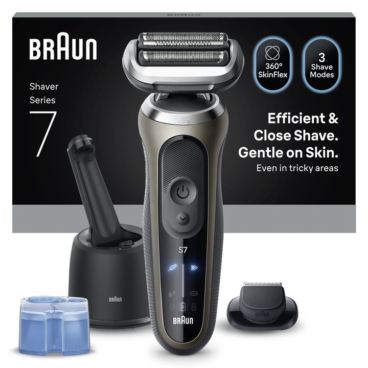 Електрическа самобръсначка Braun Seria 7 72-C7200CC, Автономия 60 минути, Statie SmartCare 4-în-1, 1x Ефективна приставка за тример, Безжична, За мокро/сухо бръснене, 100% водоустойчива, Златиста