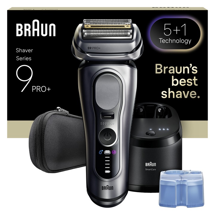 Електрическа самобръсначка Braun Серия 9 PRO+ 9667CC, Ултратънки прецизни ножчета 5+1, Pro Sensoadapt, Автономност до 60 минути, Станция SmartCare 6-в-1, Мокро/сухо ползване, Сребрист