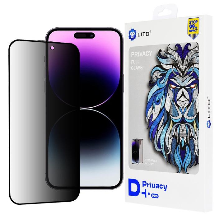 Folie telefon D+ Pro Privacy Lito Negru, sticlă securizată, pentru iPhone 14 Pro Max