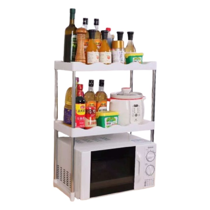 Raft extensibil, suport pentru cuptorul cu microunde, multifunctional, Promagg®, pentru bucatarie, din metal si plastic, eco-friendly, instalare usoara, alb