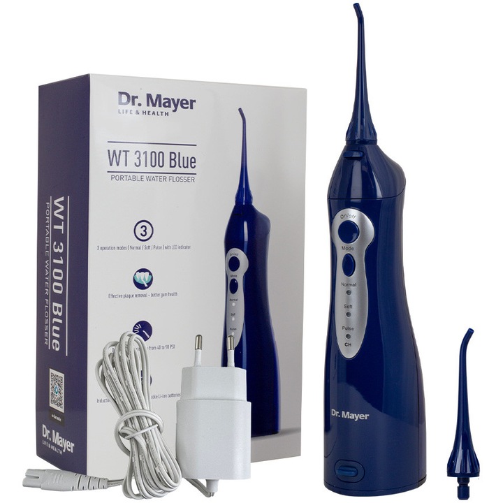 Dus bucal portabil Dr.Mayer WT3100 Albastru, Tehnologie Multi Pulse, presiune de la 40 la 90 PSI, 3 moduri de curatare (normal, sensibil și pulsat), rezervor 150 ml, 2 capete curatare, WT3100BU