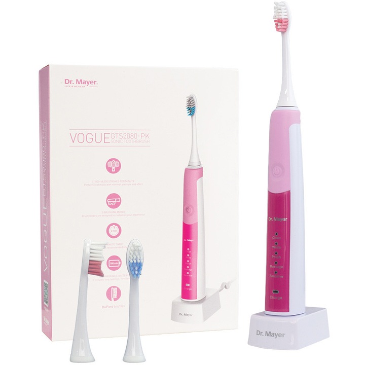 Електрическа звукова четка за зъби Dr. Mayer GTS2080PK, GTS2080PK, До 48 000 вибрации/мин, 5 режима, Време за използване до 180 мин, Водоустойчив дизайн IPX7, Безшумна, 2 DuPont глави за четка, Бял/Розов