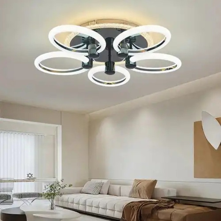 Lustra LED smart cu telecomanda, neagra cu auriu, rotunda, 136W, dimabila, lumina alb cald, alb natural, alb rece si RGB, 60x60x15cm, aplicata, moderna