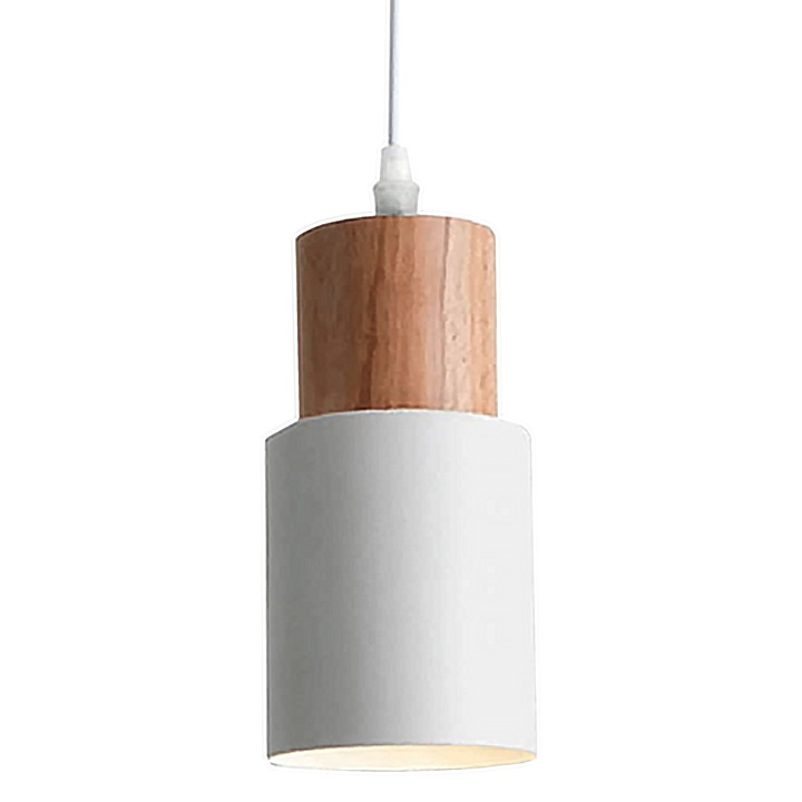 Lustra Suspendata FineLynx™ WoodWhite, Finisaj alb mat-lemn, Soclu E27, Abajur metalic, Diametru 10 cm, Candelabru tip pendul ajustabil pe inaltime, Stil contemporan, Influente stil minimalist, Pretabil living, dining, dormitor, bucatarie