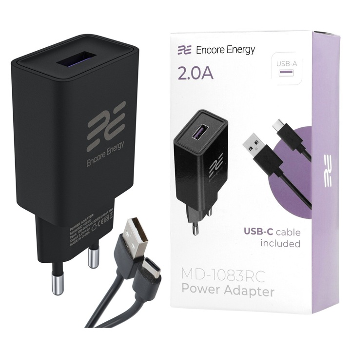 Încărcător rețea Encore Energy MD-1083RC, 10W, USB-A, cablu USB-C inclus, negru