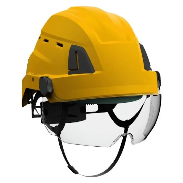 Védősisak beépített védőszemüveggel Protekt Atra 40V S40, ABS, szellőzés, 51–63 cm állítás, EN 166 szemüveg, sárga