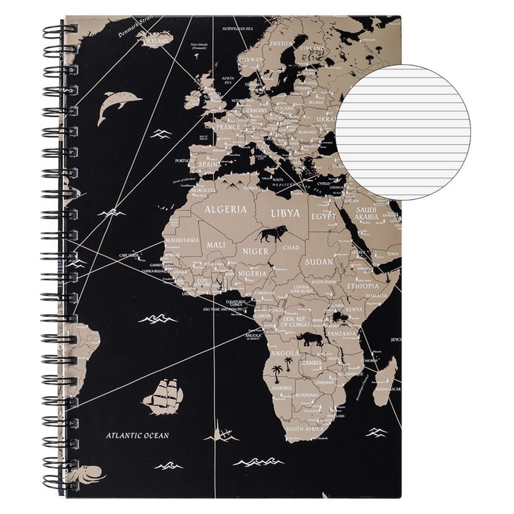 A4-es Dictando jegyzetfüzet spirálozott fekete borítóval, világtérképpel, 3 tantárgyból, 96 lappal, iskolásoknak, jegyzetek