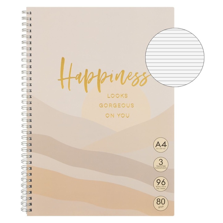A4-es Dictando jegyzetfüzet spirálborítóval, nude arany színű, boldogság, 3 téma, 96 lap, iskolásoknak, jegyzetek
