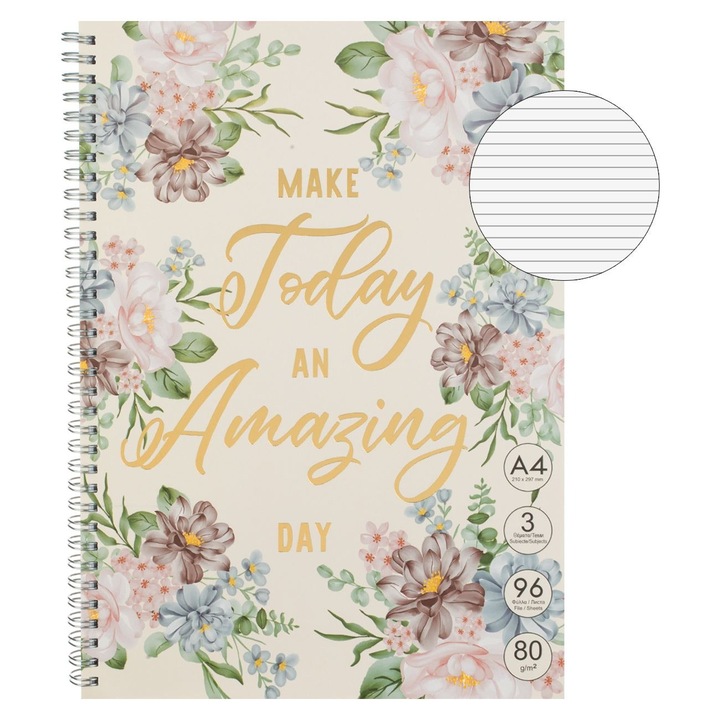 A4-es Dictando jegyzetfüzet spirálborítóval, lazacszínű, virágmintás, 3 tantárgyból, 96 lap, iskolásoknak, jegyzetek