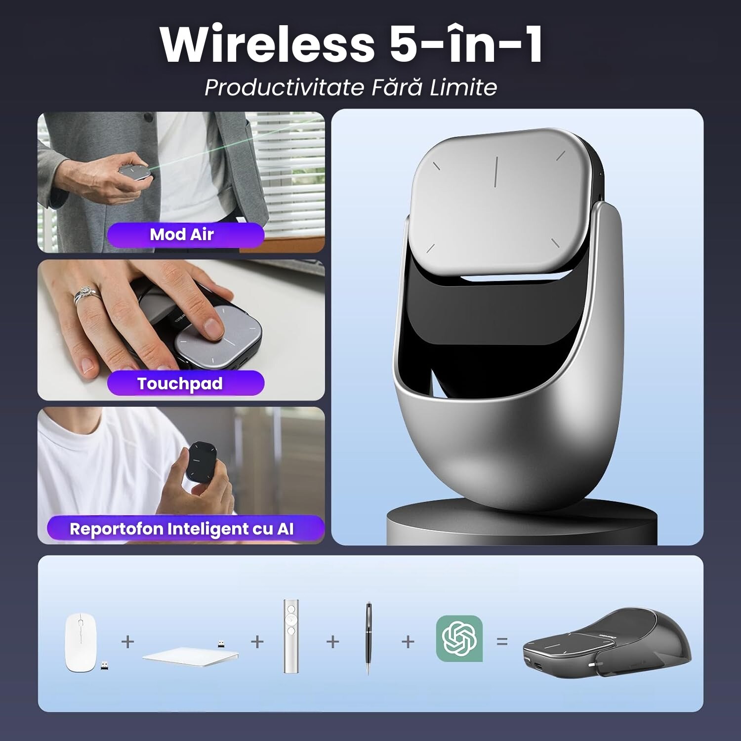 Mouse Inteligent Wireless 5-in-1 RAPAZ, Touchpad Magnetic Detasabil ...
