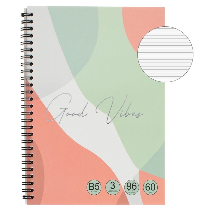 B5-ös Dictando jegyzetfüzet spirálozott színes borítóval, jó hangulathoz, 3 tantárgyhoz, 96 lap, iskolai jegyzetekhez