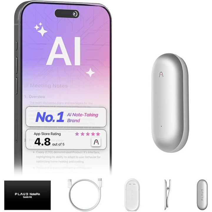AI гласов рекордер, PLAUD NotePin гласов рекордер, управление с приложение, AI устройство за водене на бележки, AI транскрипция и резюме, 112 езика, 64GB памет, аудио рекордер за уроци и срещи, Moon Silver