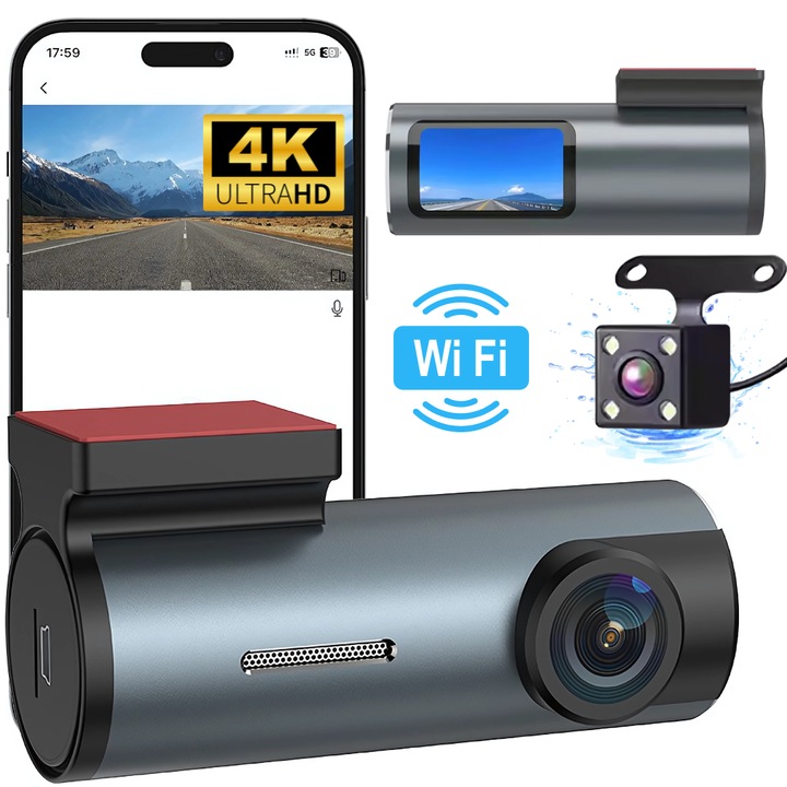 Camera Auto DVR Duala Vivendo® 4K Fata + 1080P Spate, WiFi, G-Senzor, Unghi 140°, Modul Parcare 24H, Ecran 1.5"