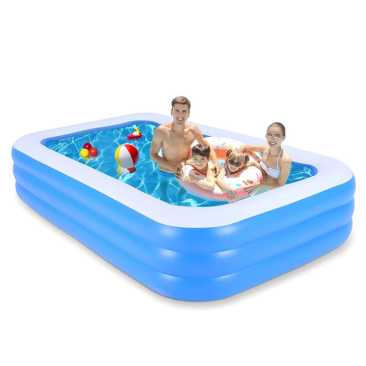 Teno® felfújható medence, 3 gyűrűs, tartós, biztonságos a kicsik számára, kültéri használatra, prémium vinil anyagból, BPA-mentes, UV-szűrővel, tágas, 300 cm, kék