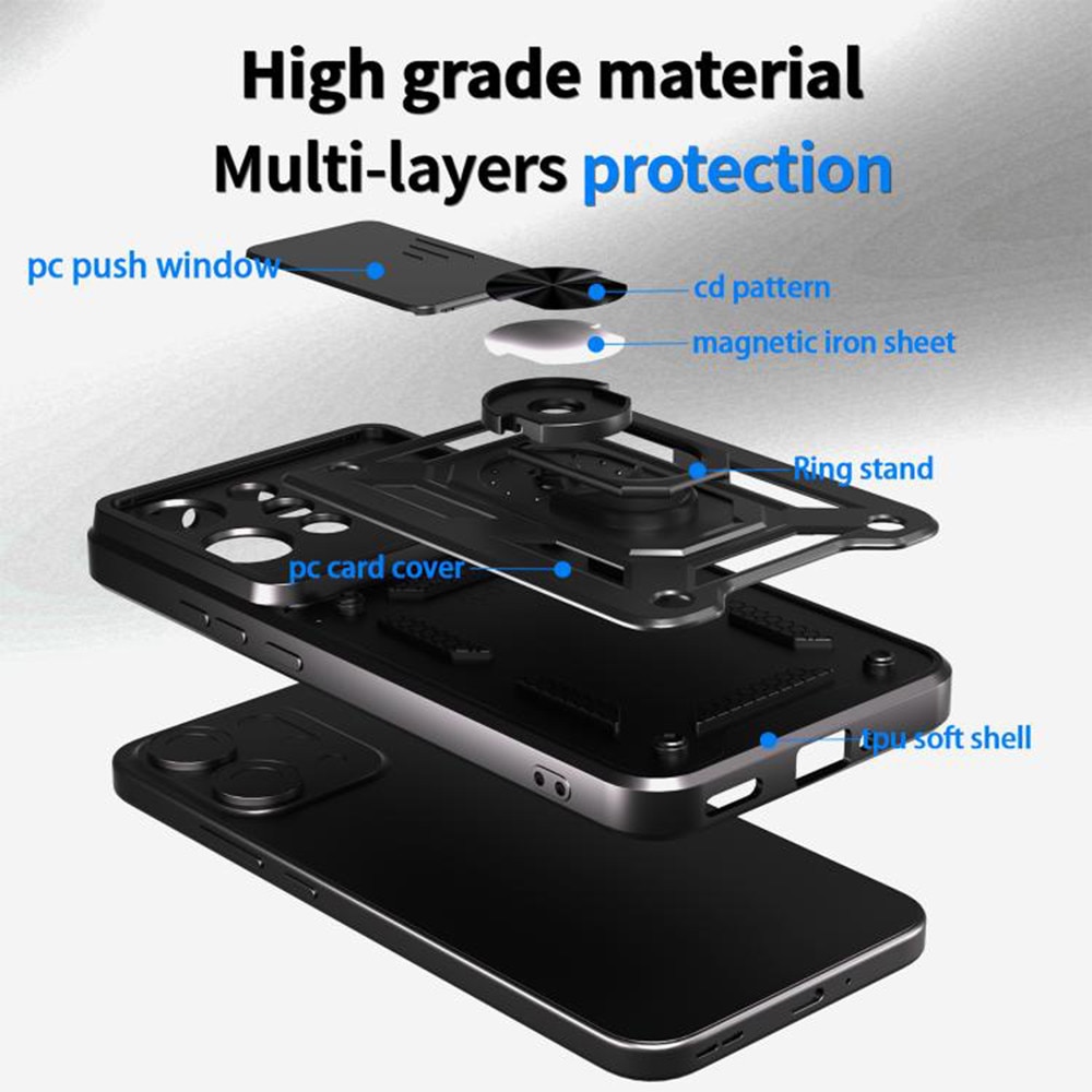 Husa pentru Oppo Reno 14F / 14FS Ring Armor Kickstand Tough Rugged Cover cu protectie camera - negru