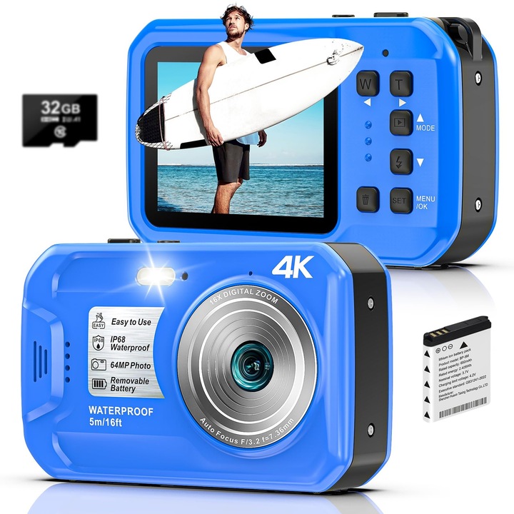 Cameră subacvatică 4K UHD, Yixinxin, impermeabilă, card 32GB, Zoom digital 16x, pentru snorkeling