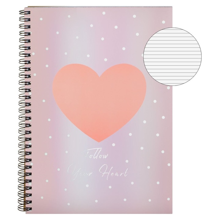 Caiet B5 Dictando, Inima Metalizata "Follow Your Heart", 80 File, Roz
