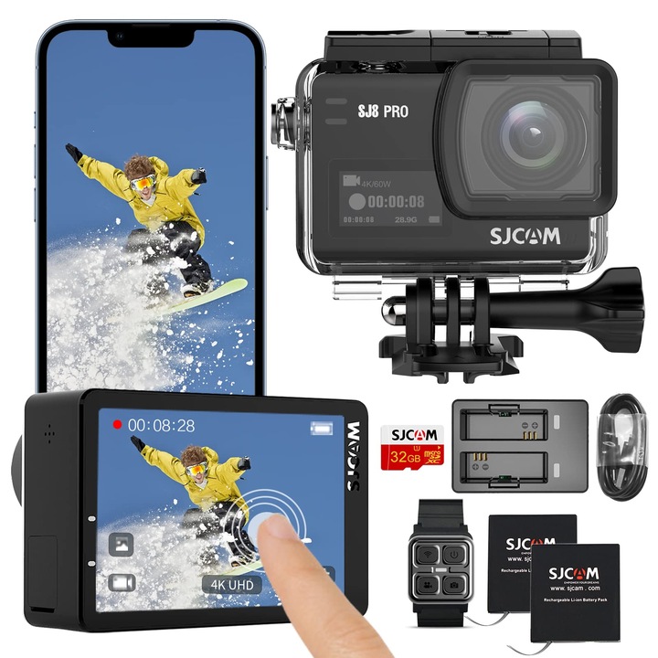 Camera sport SJCAM SJ8Pro 4K, ecran tactil 2, 33'', zoom 8X, impermeabilă 40m, card SD 32G, set