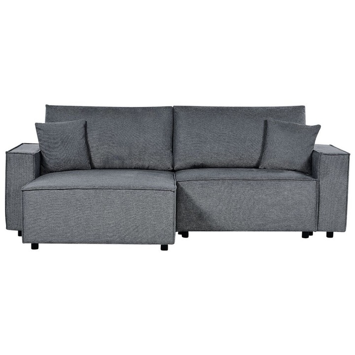 Canapea de colț extensibilă Beliani, 3 locuri, gri închis, cu funcție de pat și cutie de depozitare, dimensiuni 250x150cm