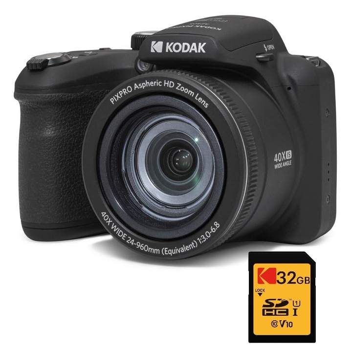 Kodak Pack Bridge Pixpro Astro Zoom Az405 + SDHC Kodak Ultra High Speed U1 32 GB kártya - Digitális fényképezőgép 20 megapixeles, 40-szeres zoom, nagylátószögű, LCD, Full HD 1080P videó, OIS, AA elemek - Fekete